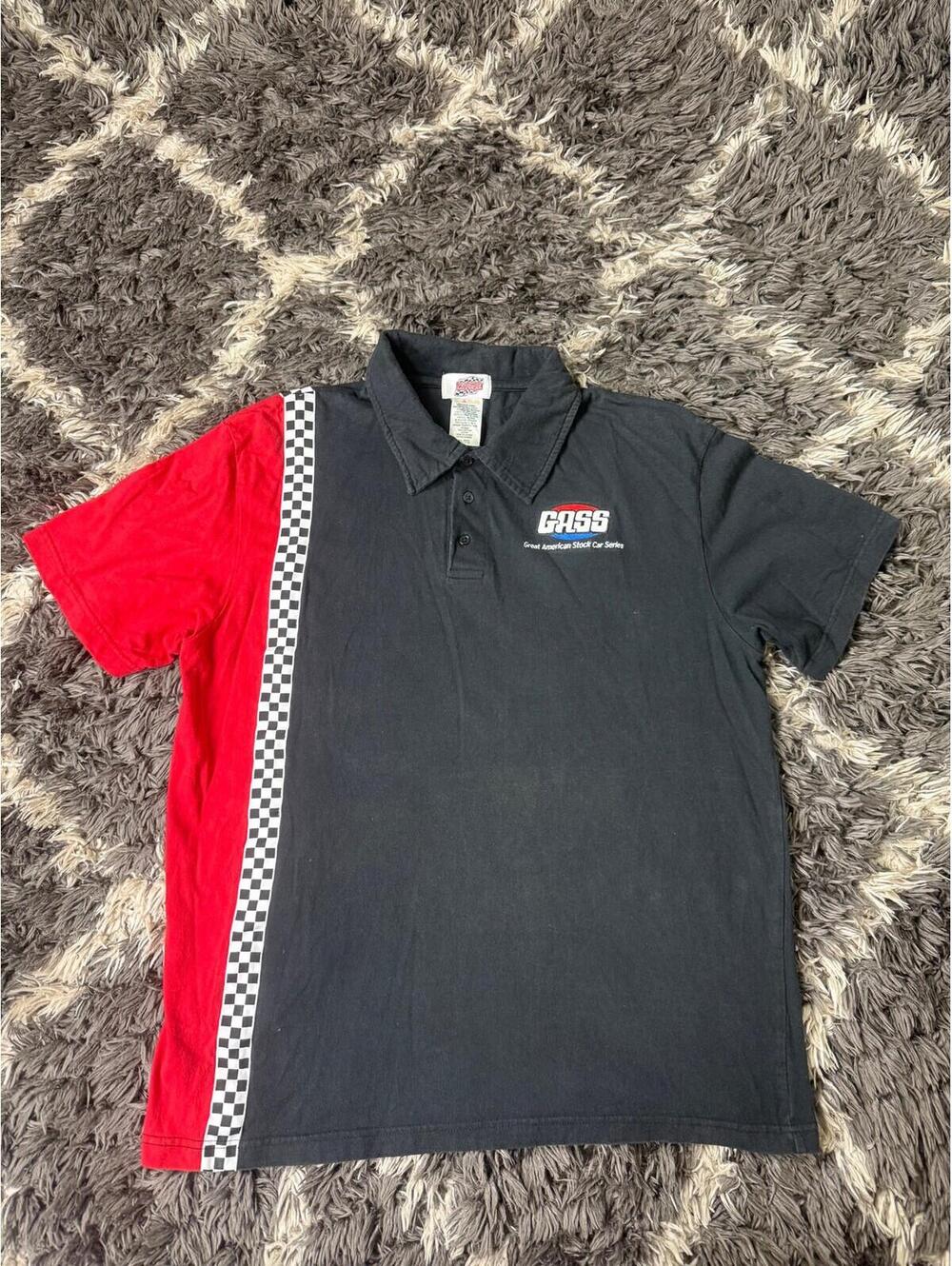 Vintage 90s GASS Pace Racewear Mens Polo Shirt XL Black Red Racing Checkerboard